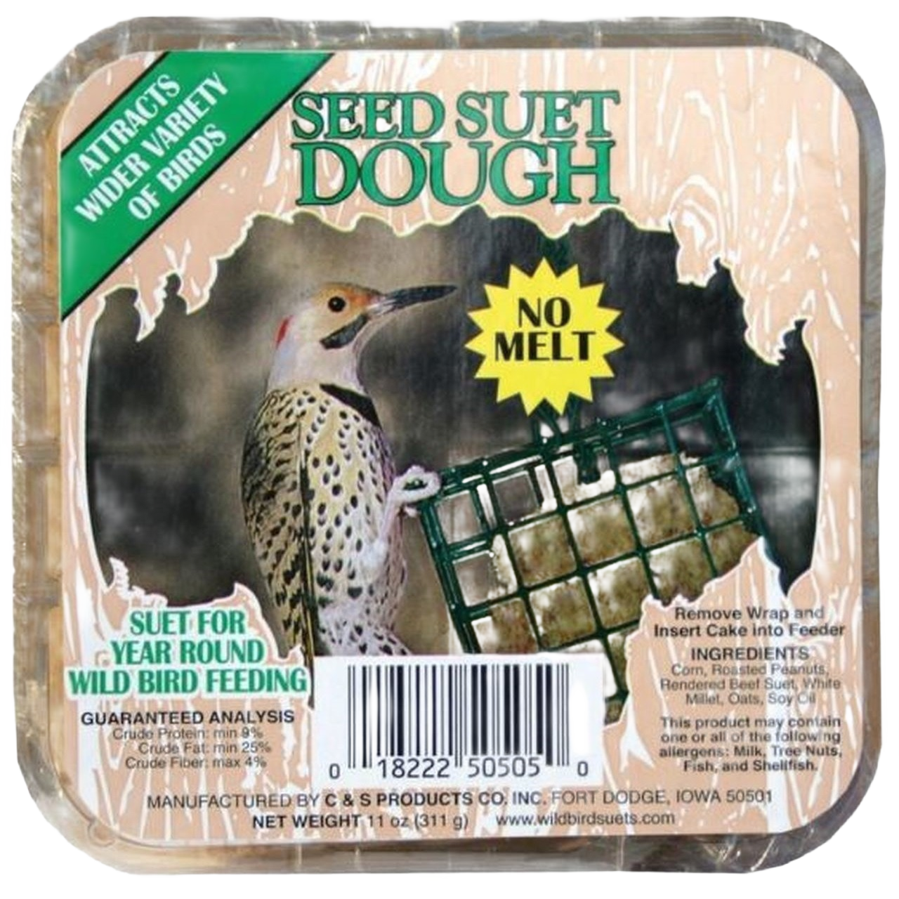 Packaging of seed suet dough for wild bird feeding with image of woodpecker on front and feeding cage shown
