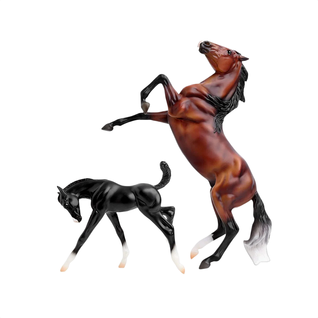 Brown horse rearing with black foal stretching, both with detailed manes and lifelike poses