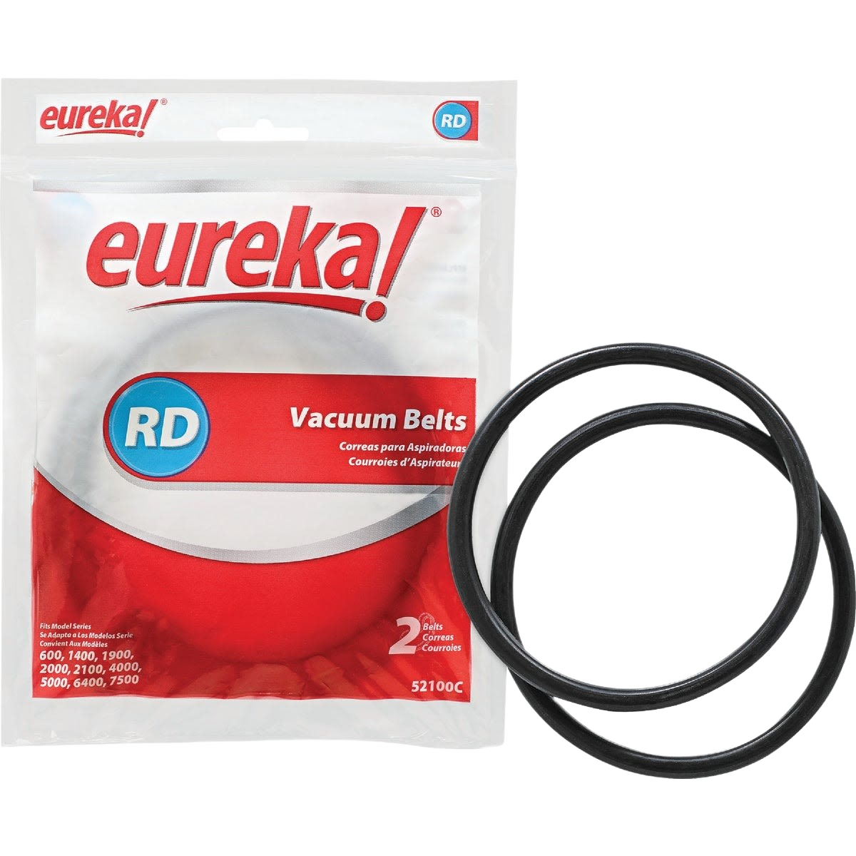 Two-pack replacement vacuum belts for floor cleaning appliances in resealable packaging with bold red and white design