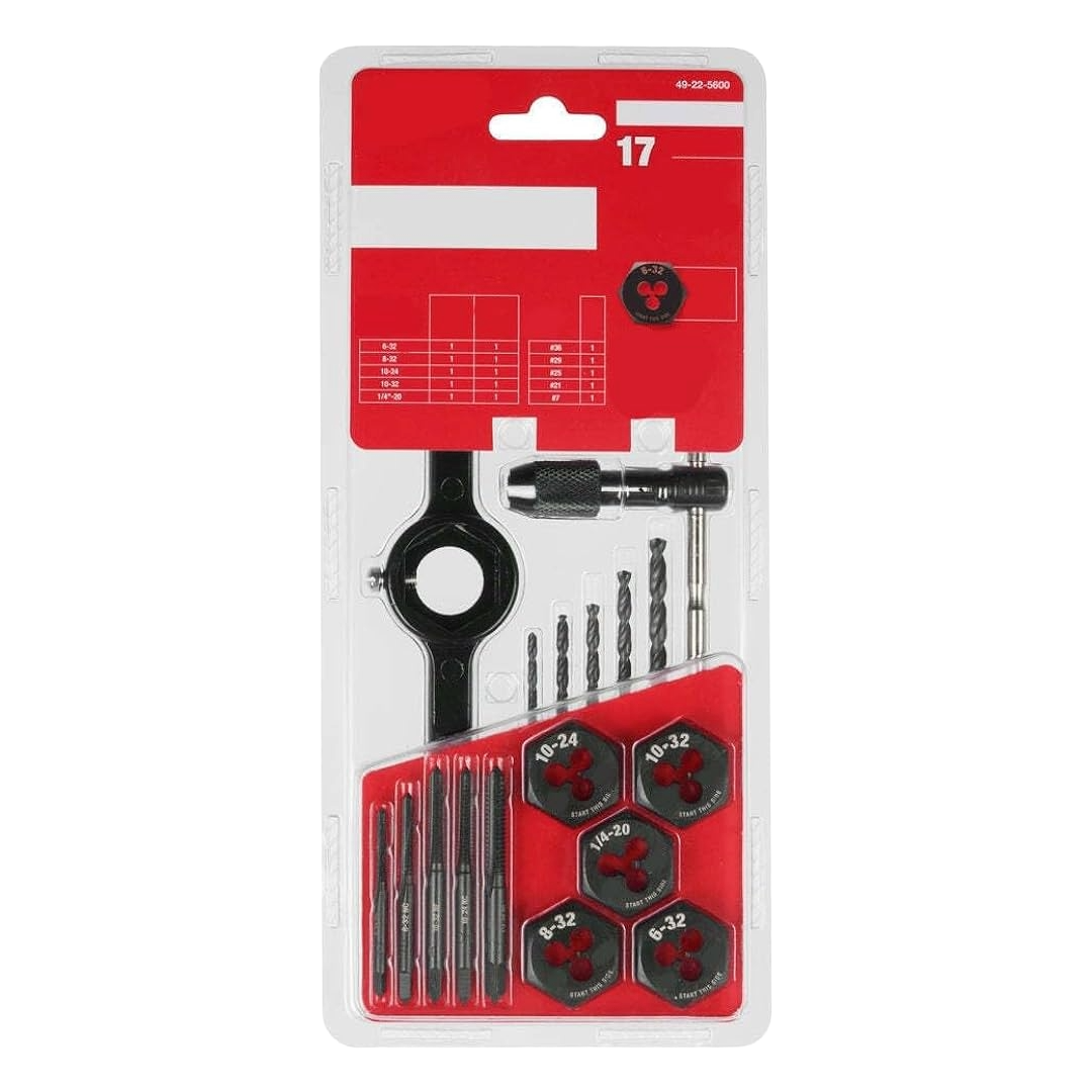 17-piece SAE tap and die set in red and black packaging for precision threading, drill bit, and power tool accessories under $100