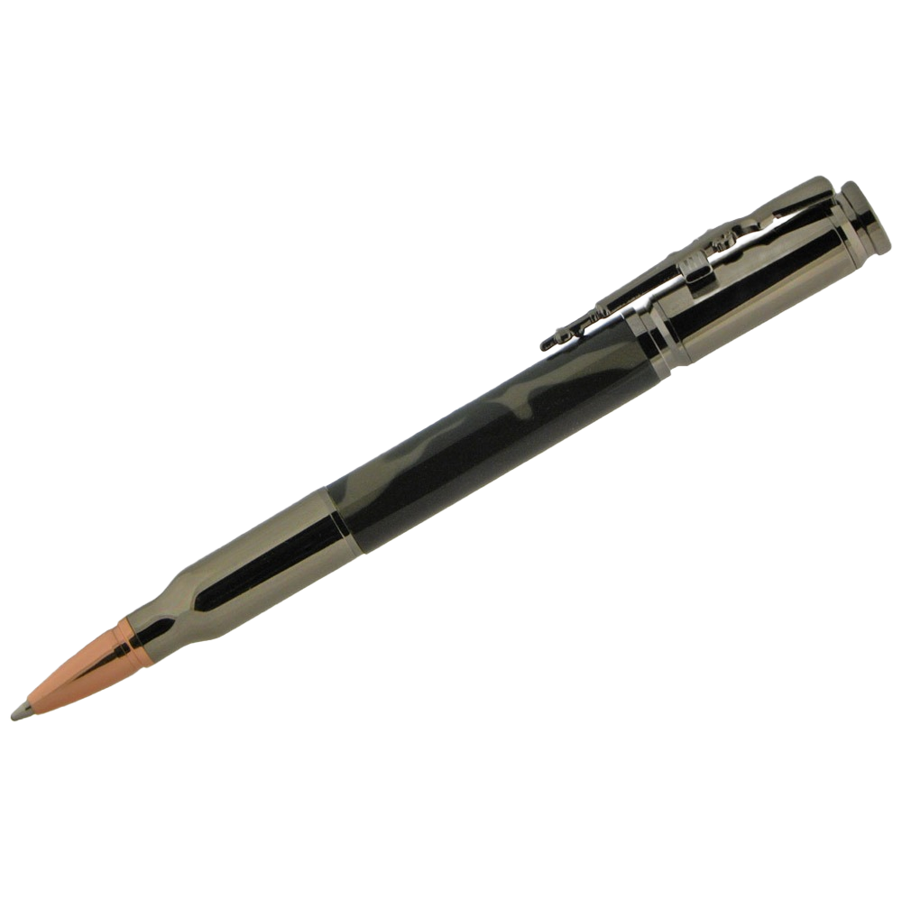 Gunmetal ballpoint pen shaped like a 30 caliber rifle cartridge in woodworking tool accessories collection.