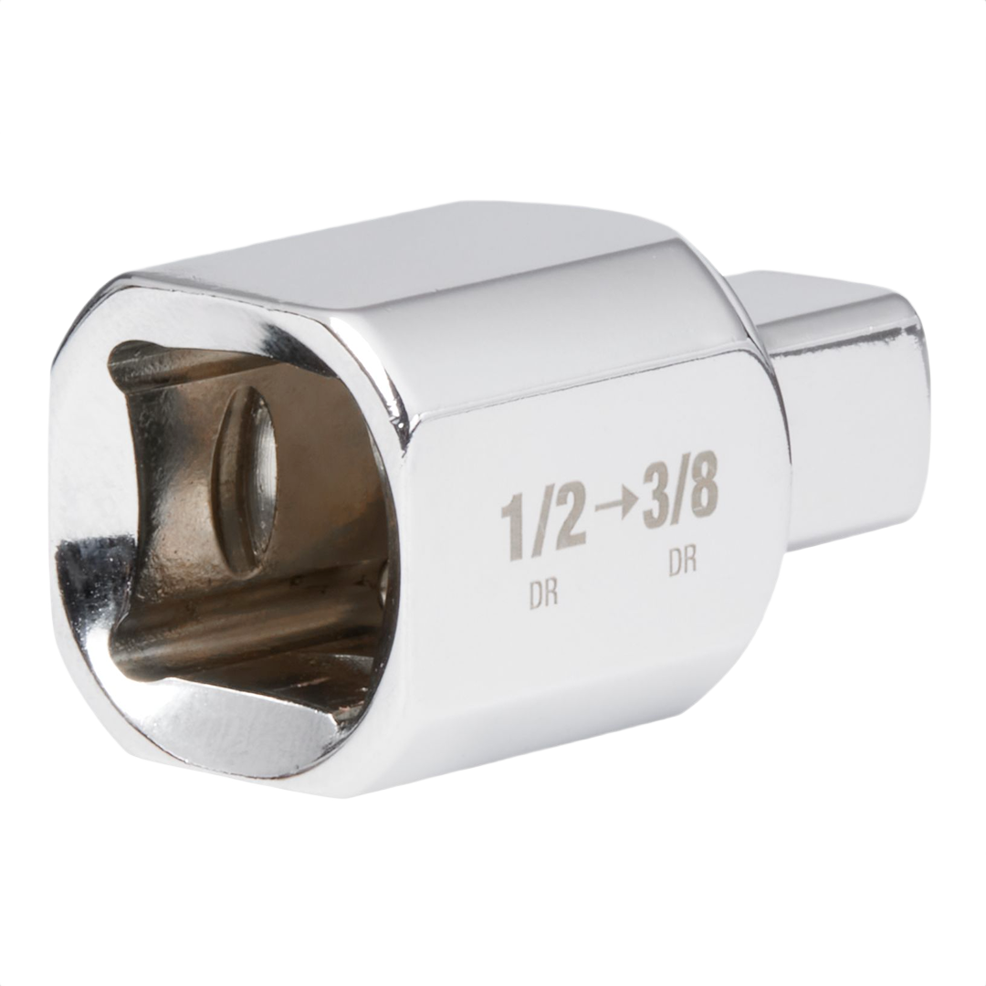 Chrome-finished square socket adapter for hand tools, designed for converting 1/2 inch drive to 3/8 inch drive use in home improvement tasks