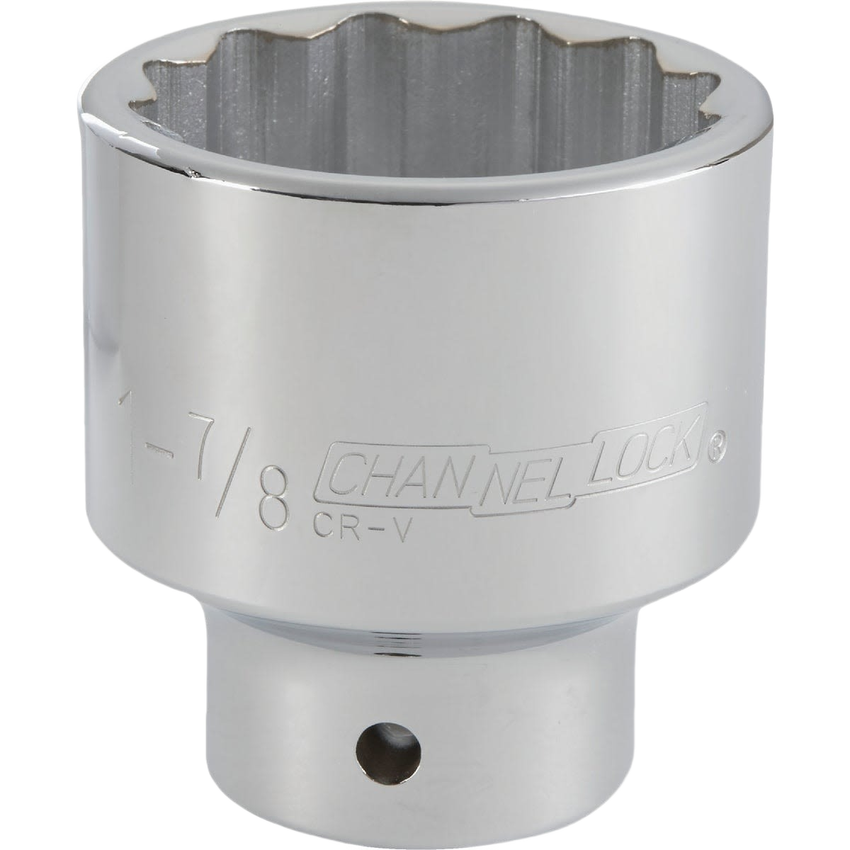 Polished chrome shallow socket with 12-point design for tools and home improvement applications