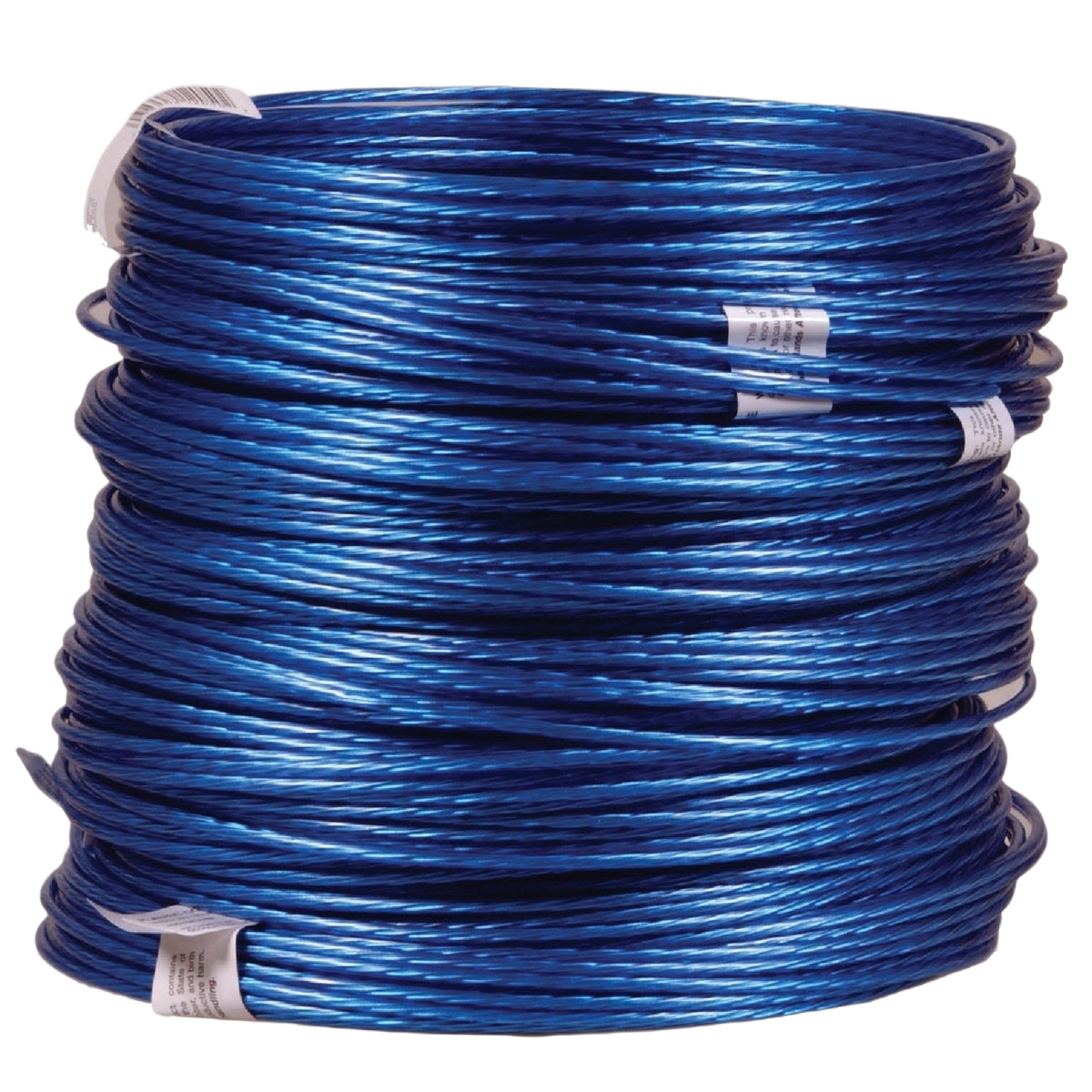Coiled blue plastic-coated wire with labels, suitable for home improvement and outdoor use in fencing or support tasks
