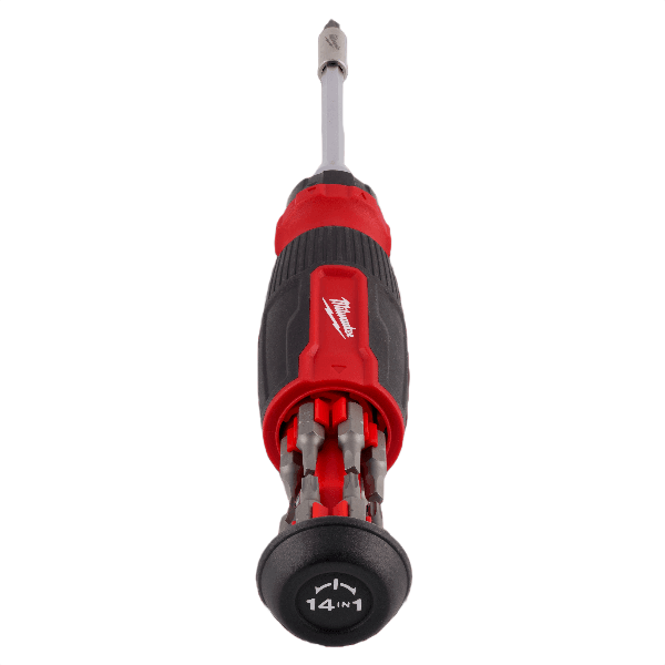 14-in-1 ratcheting multi-bit screwdriver with red and black handle and in-handle bit storage for fastening tasks