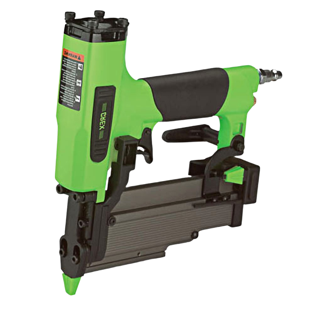 Green and black pneumatic headless pinner tool for precise fastening in home improvement and woodworking tasks