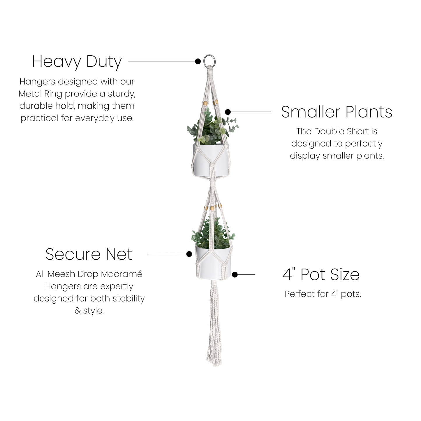 Natural cotton macrame hanger with metal ring holding two small pots for home accents and decor under $50 collection