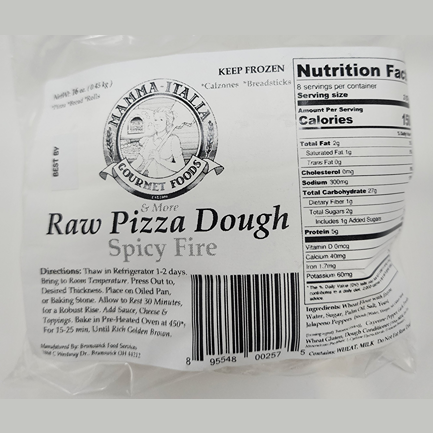 Clear plastic package of spicy raw pizza dough with nutrition facts and preparation instructions for grilling and outdoor cooking collections