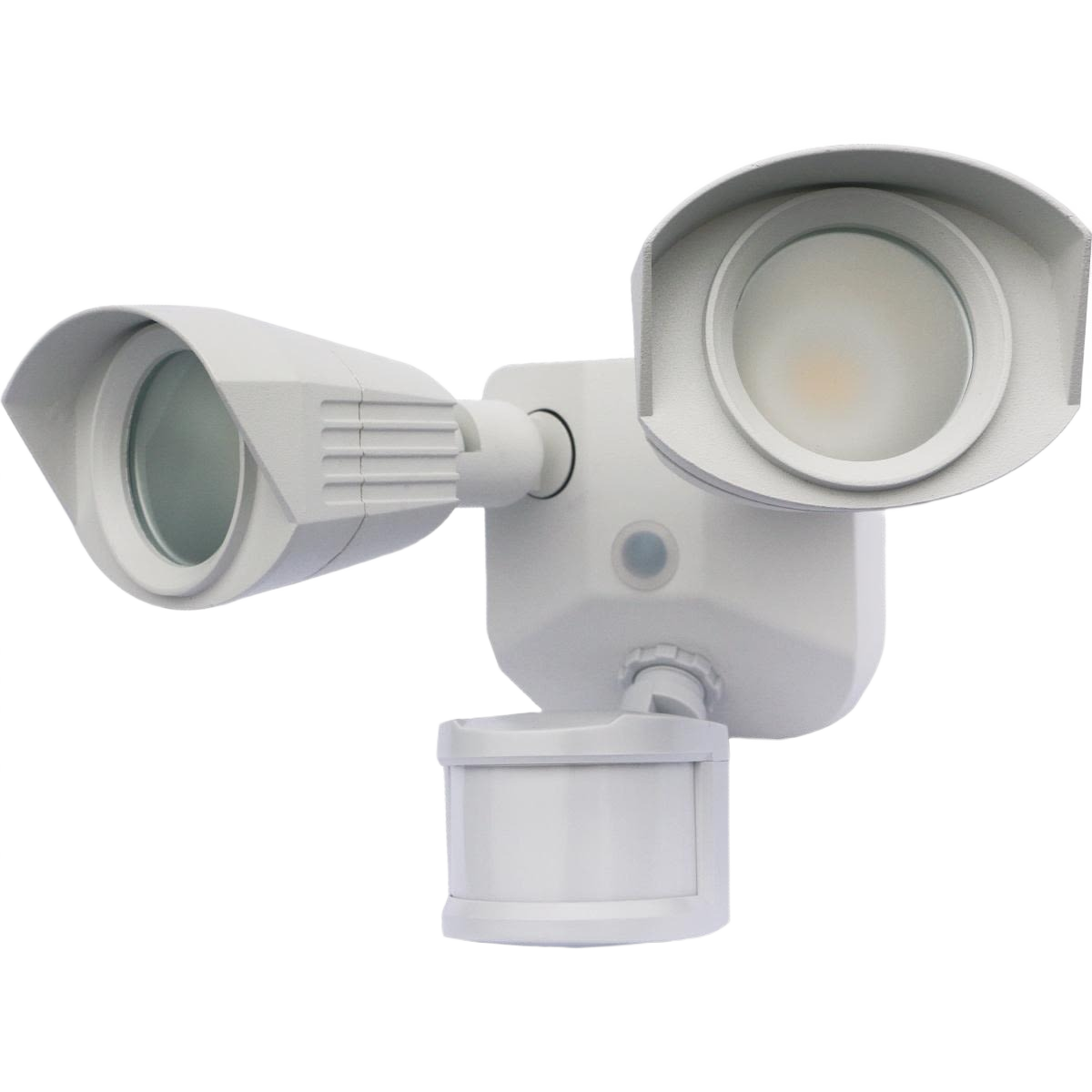 White dual head outdoor LED security light with motion sensor for home safety and outdoor lighting applications
