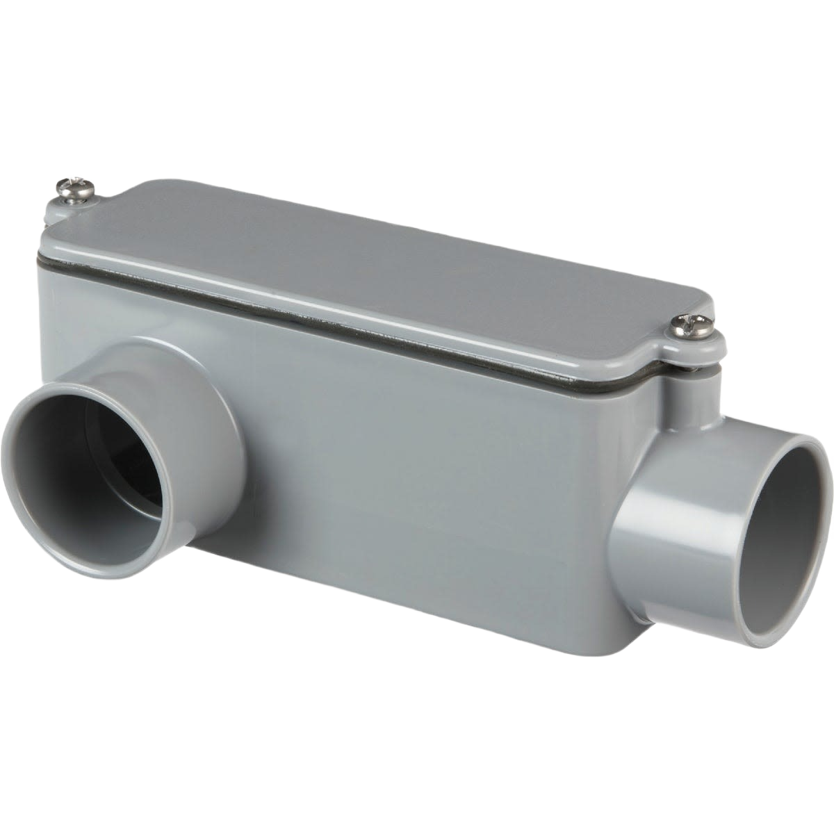 Gray PVC conduit access fitting with rectangular cover and two pipe openings for tools and home improvement projects