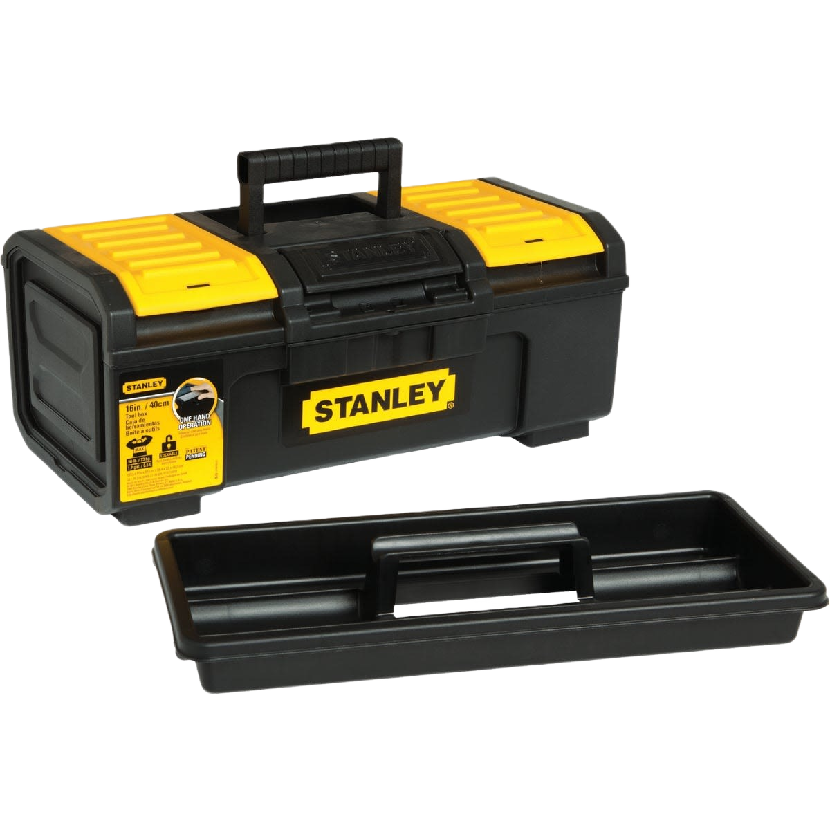 Black and yellow portable toolbox with removable tray for tool storage and workshop organization under $50 collections