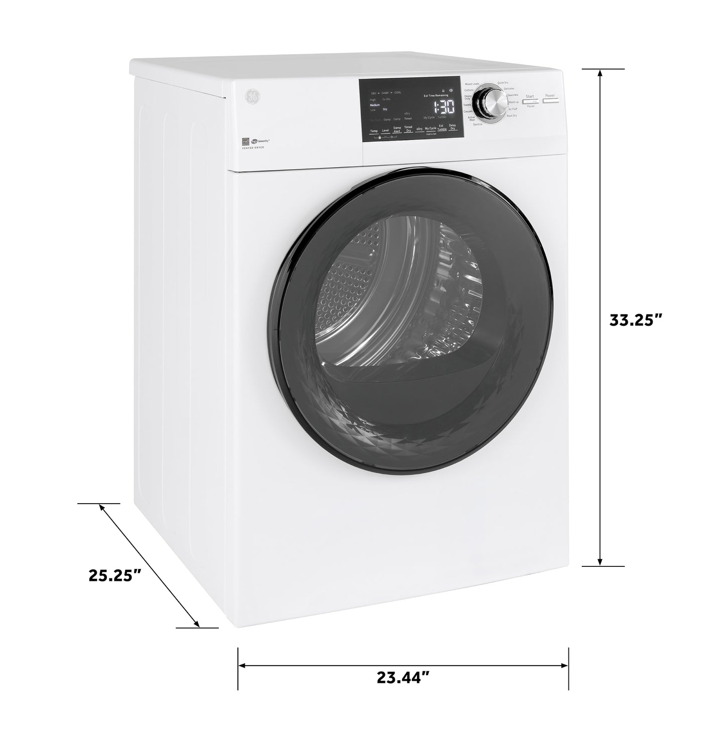 Front-load vented electric dryer in white with digital controls and clear door, showing dimensions for space planning