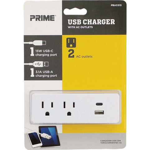 Prime white 2-outlet wall tap with USB-A and USB-C ports for versatile electrical and home improvement use under $50 collection