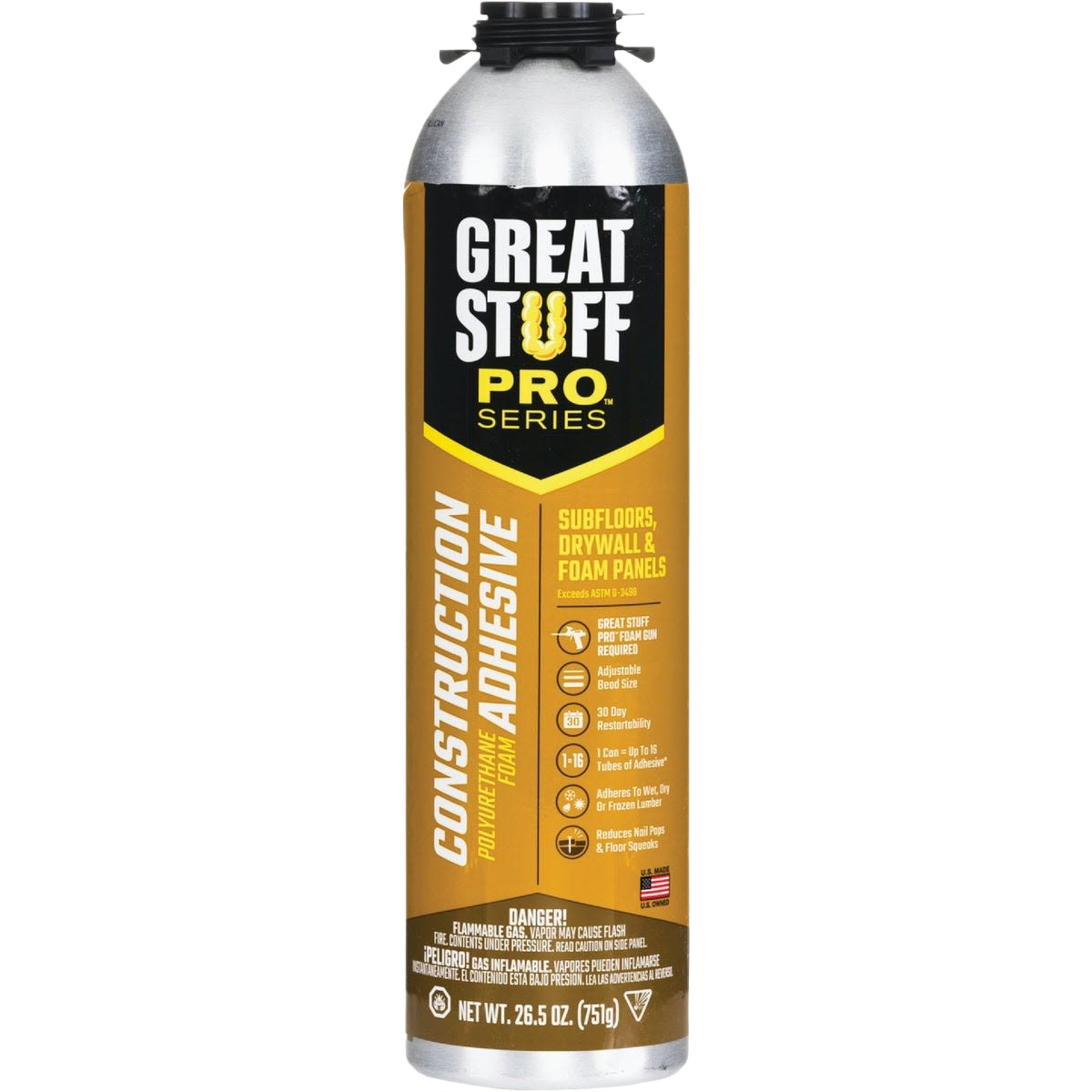 Tall metal can of professional construction adhesive with black cap for subfloors, drywall, and foam panel repairs in home improvement
