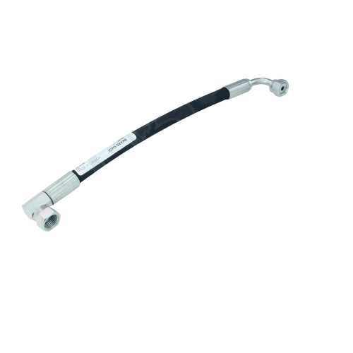 Flexible hydraulic hose with metal fittings on both ends for fluid transfer in machinery systems