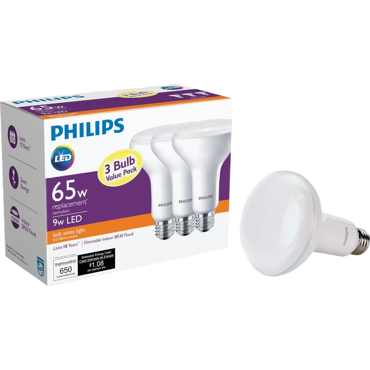 Pack of three Philips LED BR30 soft white floodlight bulbs for energy-efficient indoor lighting projects under $50