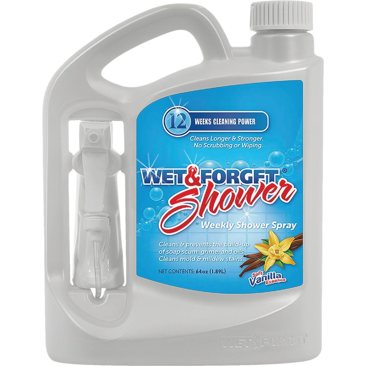 64 oz. spray bottle with vanilla-scented weekly shower cleaner and attached spray nozzle for home improvement tasks
