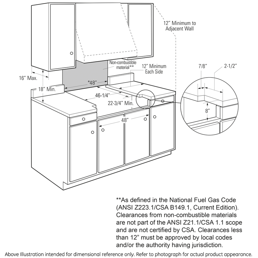 Diagram showing installation clearances and minimum distances for 48-inch gas rangetop in kitchen setting with cabinetry and hood