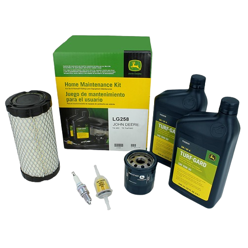John Deere home maintenance kit with air filter, spark plugs, oil filter, fuel filter, and oil bottles for tools and home care