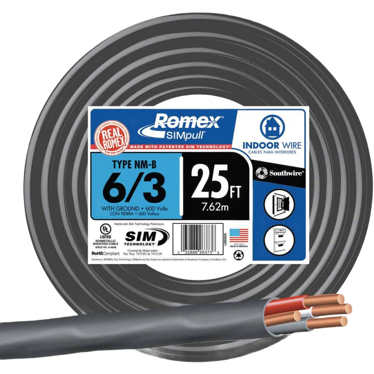 Coiled 25 ft. 6/3 copper indoor electrical wire with SIMpull® technology for residential and commercial wiring applications