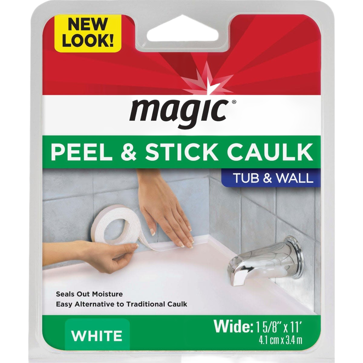 Packaging of white peel and stick caulk strip for tub and wall sealing, home improvement supplies under $50