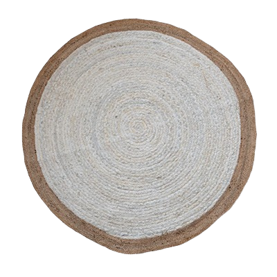 Round handwoven jute rug with natural braided texture in neutral beige tones for rustic home decor