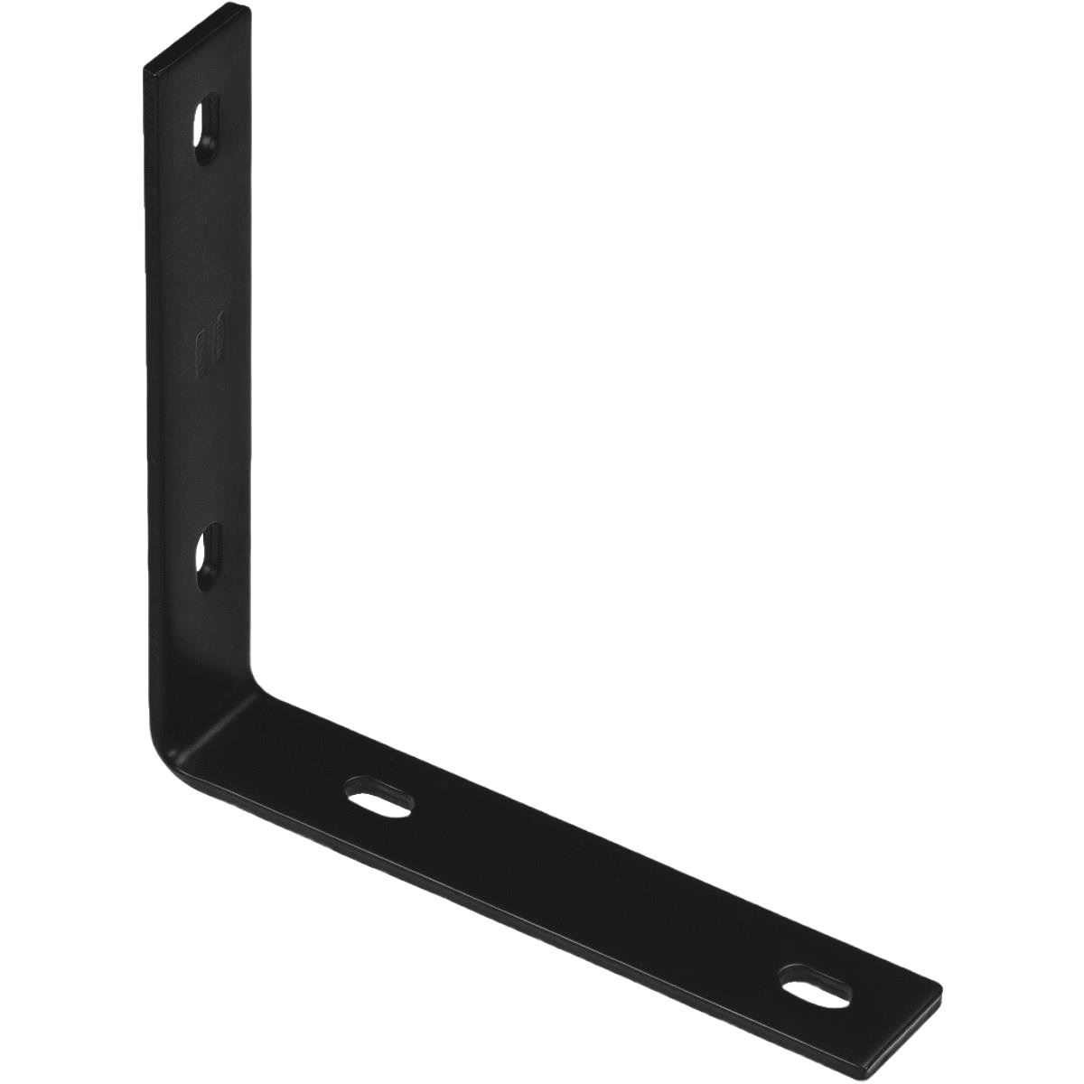 Black heavy-duty metal corner brace with powder coat finish for reinforcing 90-degree angles in building hardware projects