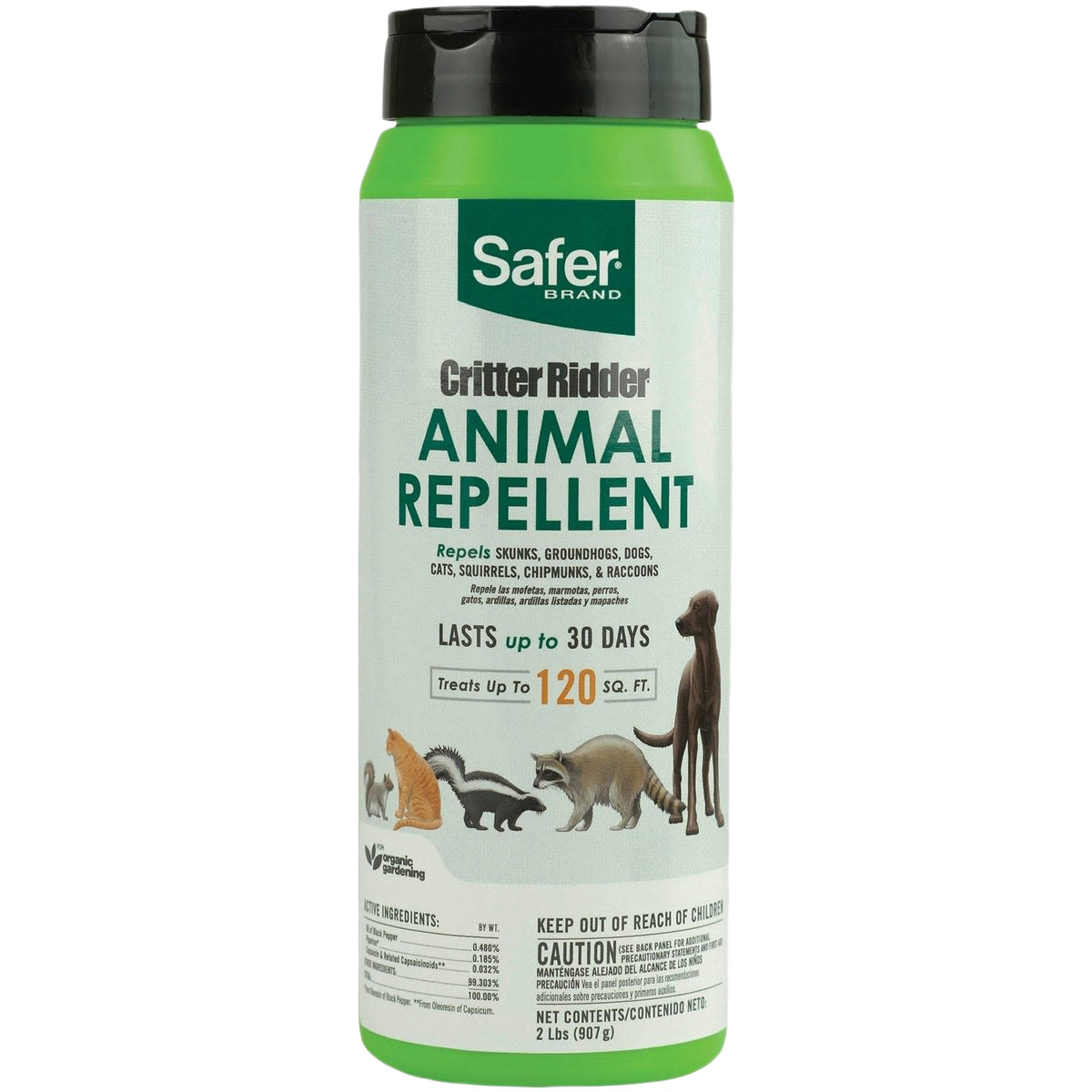 Green and white container of organic granular animal repellent for lawn and garden pest control collections