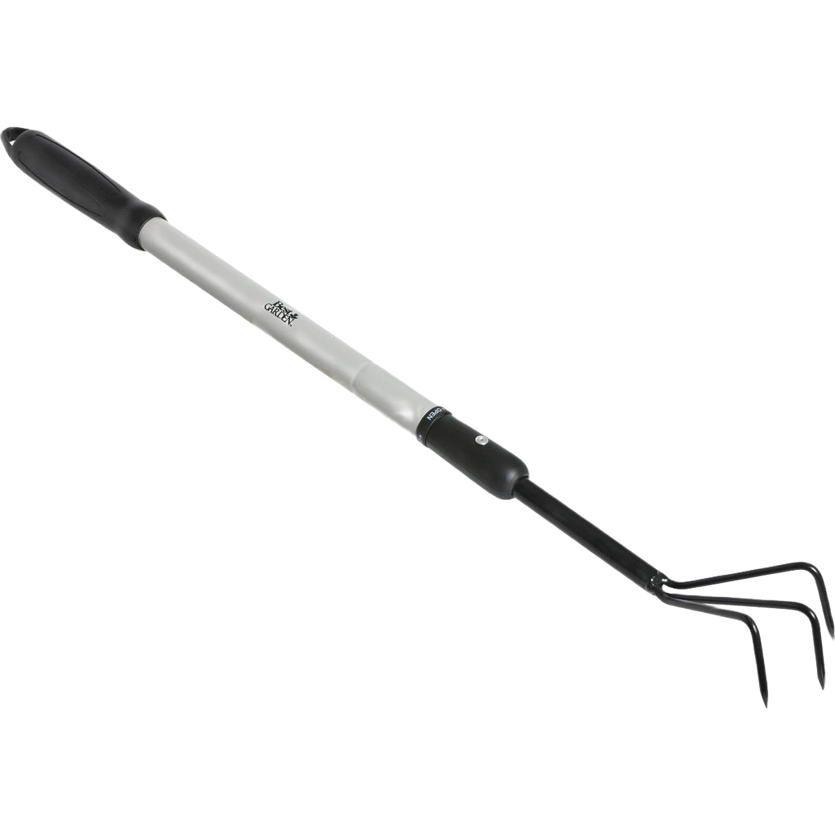Extendable garden hand cultivator with ergonomic handles and metal tines for soil aeration and weed control tasks