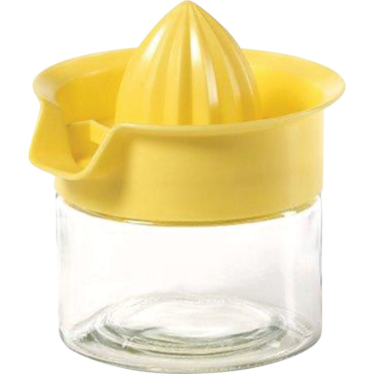 Manual citrus juicer with clear glass container and bright yellow plastic reamer for kitchenware under $50 collections