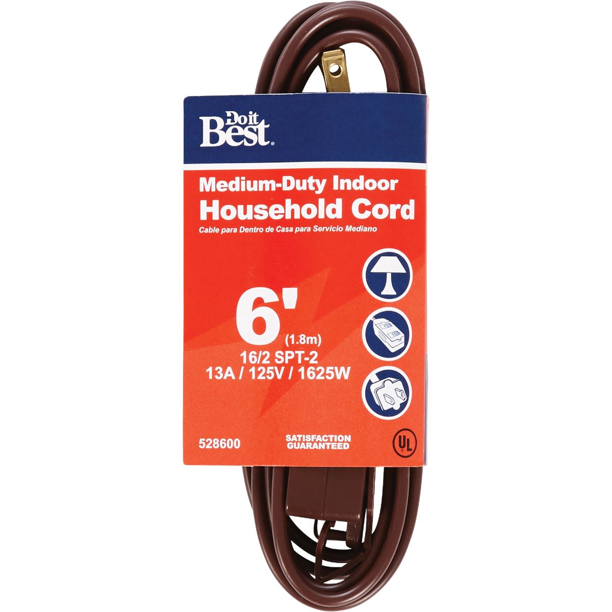 Brown medium-duty 6-foot indoor extension cord with three outlets for electrical and home improvement use under $50.