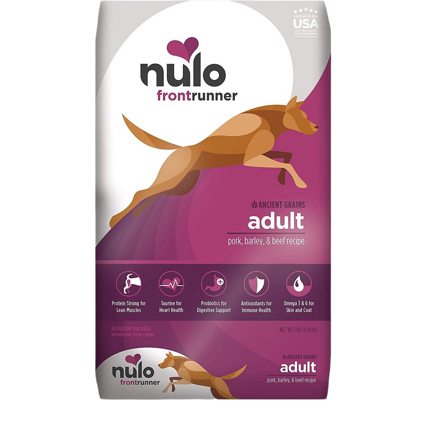 11 lb bag of Nulo Frontrunner adult dog food with pork, barley, and beef recipe in pet supplies collection