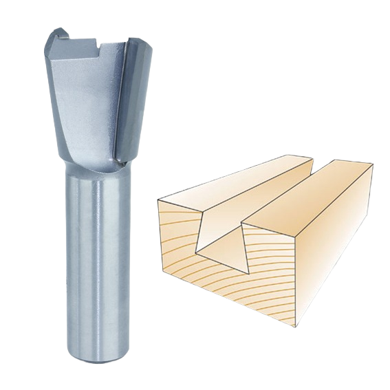 Solid carbide dovetail router bit with two flutes paired with illustration of dovetail joint for woodworking tools.