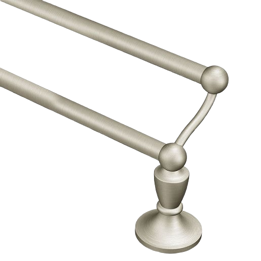 Brushed nickel double towel holder with a classic rounded design for bathroom accessories and home improvement projects
