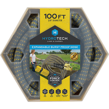 Yellow and gray expandable garden hose with brass fittings in hexagonal packaging for durable home improvement use