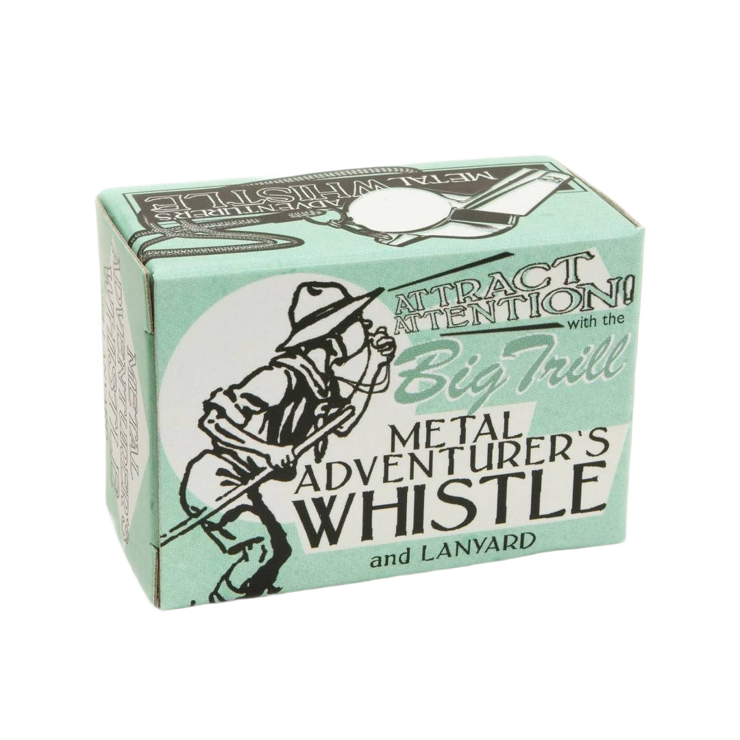 Retro-style box featuring illustration and text for a metal whistle in outdoor games and toys collection under $25
