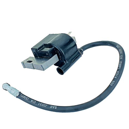 Black ignition coil armature with attached cable for automotive and John Deere engine parts and accessories