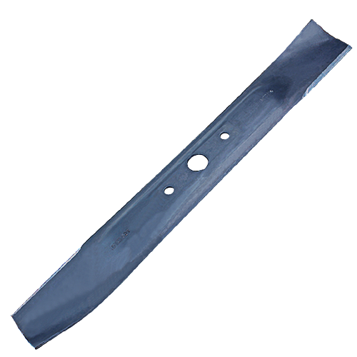 Steel mower blade with central mounting holes and sharp edges for lawn care and home improvement use