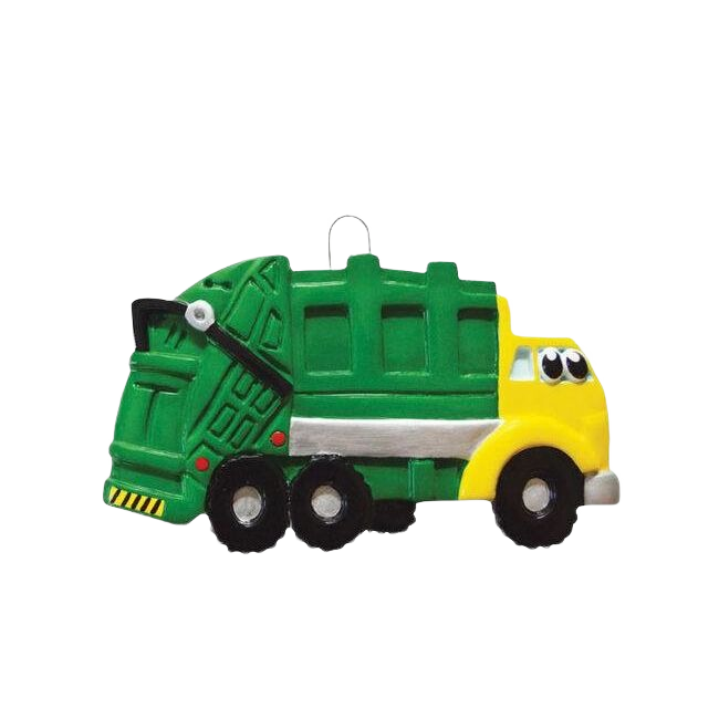 Yellow and green garbage truck toy ornament with friendly eyes for Christmas Ornaments & Tree Decorations collection
