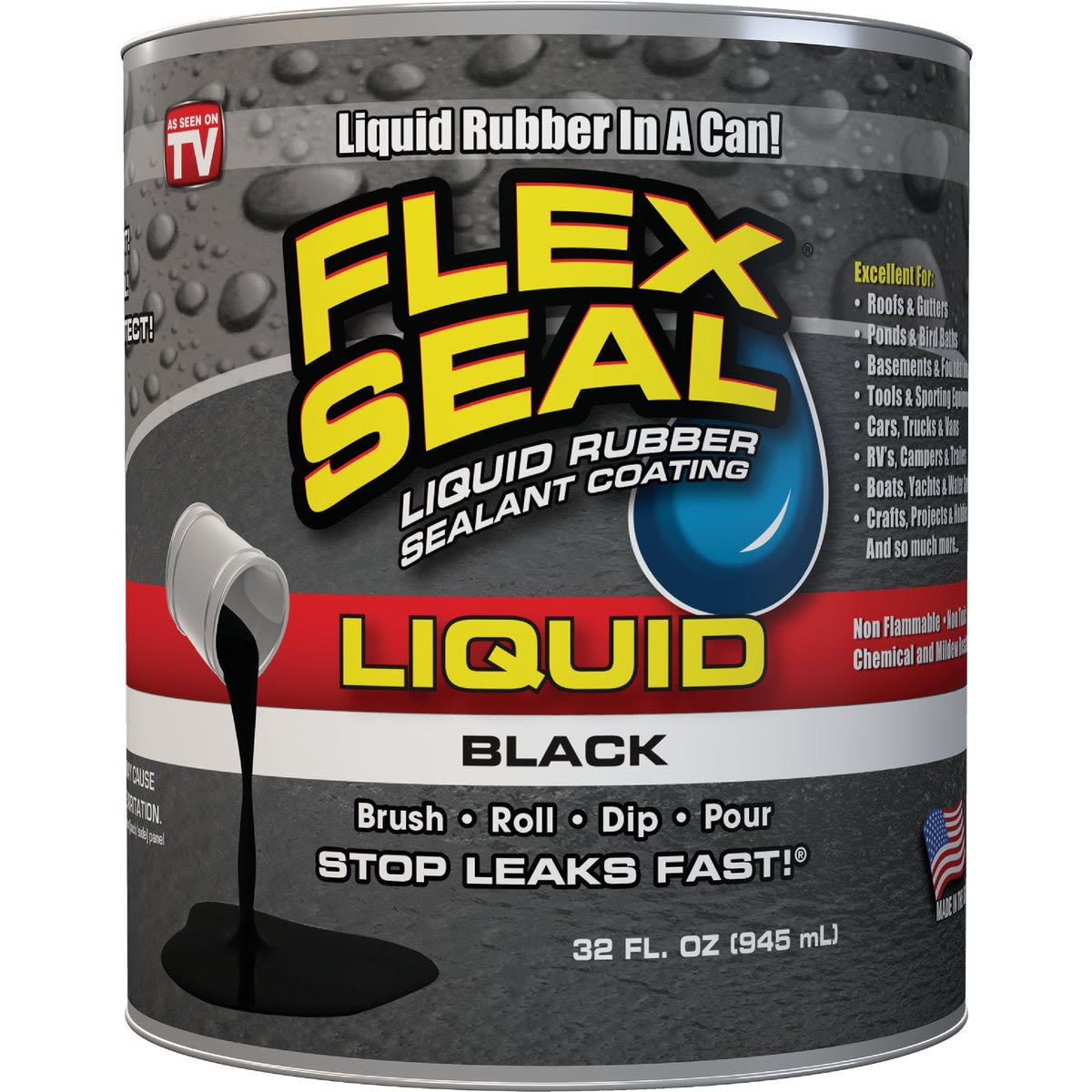 1 quart container of black liquid rubber sealant for fast leak repair in home improvement projects