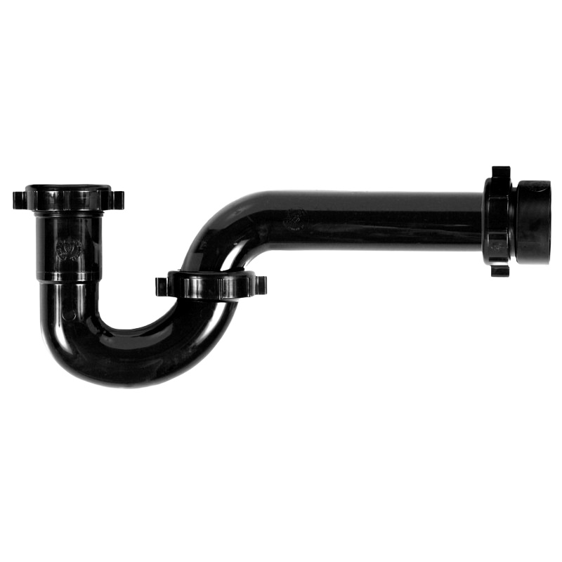 Black plastic P-trap with threaded ABS adapter for plumbing parts and drain repair applications in home improvement collections