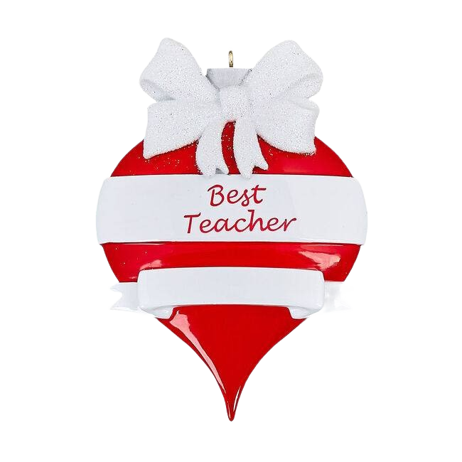 Red teardrop-shaped personalized ornament with white bow and "Best Teacher" text for Christmas decorations under $50 collection