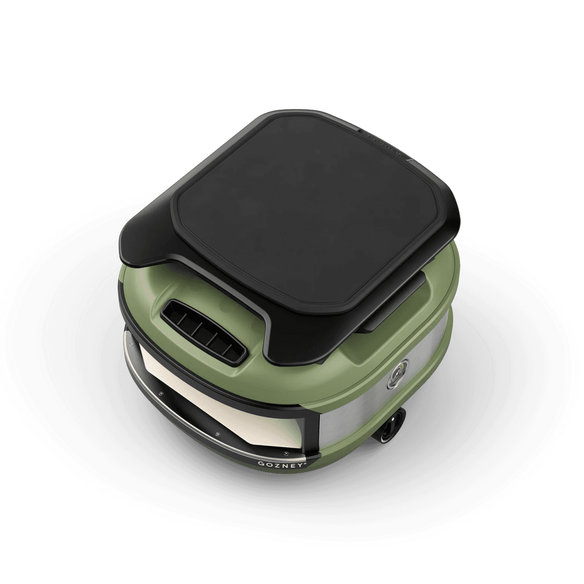 Compact outdoor oven in olive green with black roof rack accessory, designed for durable home improvement use
