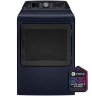 Front view of dark blue smart gas dryer with large tinted window and digital controls in Dryers and Appliances collections