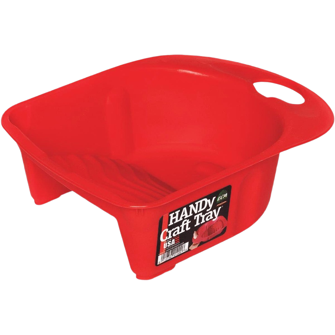 Compact red paint tray with ergonomic handle and built-in roller grid for mini rollers in home improvement supplies