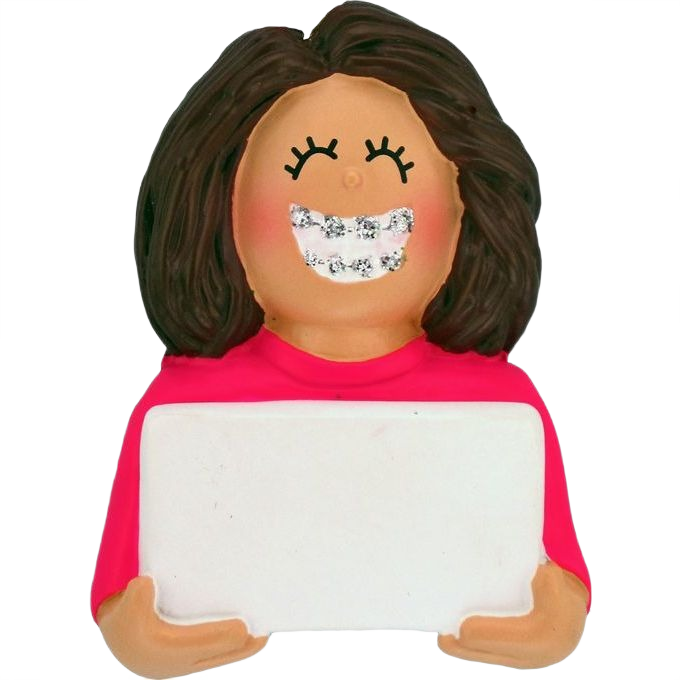 Brunette female ornament with braces holding blank sign from Christmas Ornaments & Tree Decorations collection