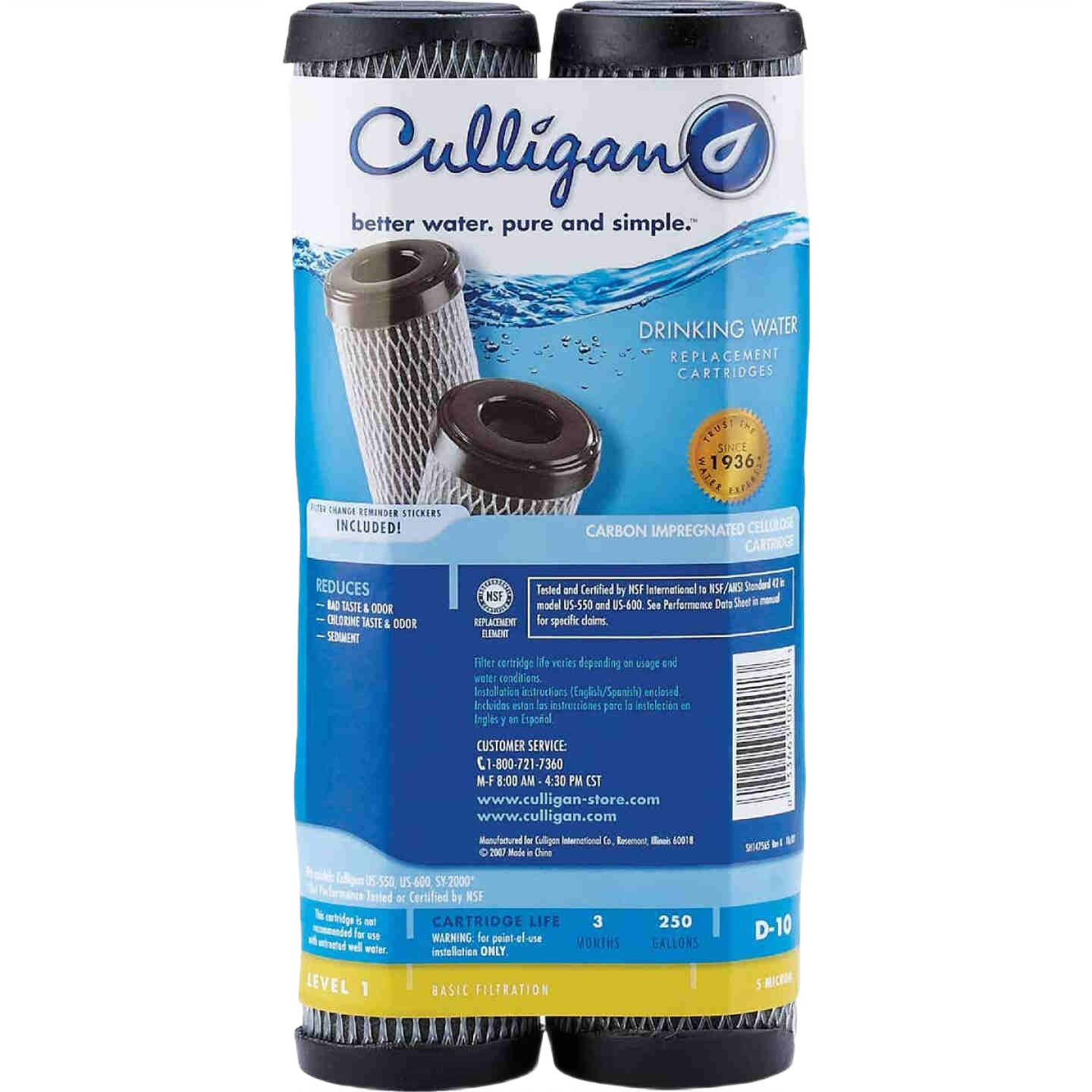 Two black-capped water filter cartridges in sealed packaging for home improvement and water filtration use