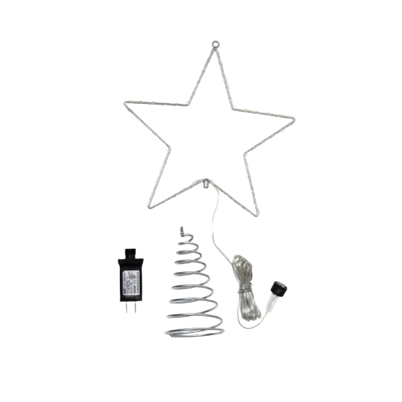 Metal wire star tree topper with warm white LED lights and attached power cord for Christmas decorations collections