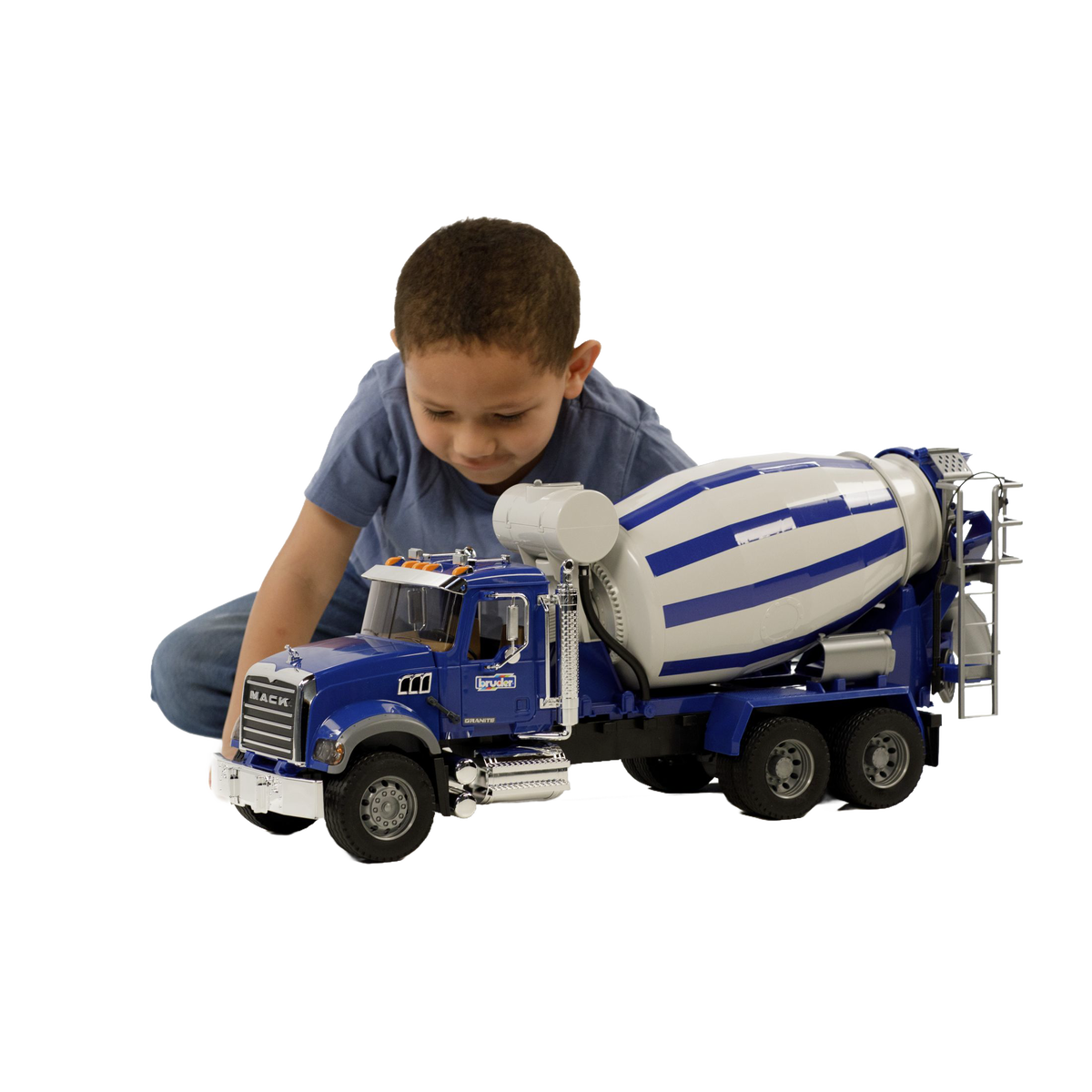 Child engaging with detailed Bruder blue and white 1:16 scale Mack Granite cement mixer truck from Vehicles & Remote Controlled Toys collection