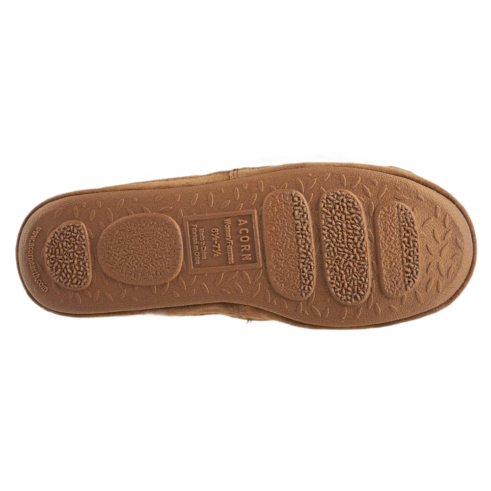 Brown textured sole of Acorn moccasin slipper with non-slip grip and cushioned heel pads for comfort and durability